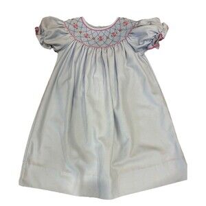 Anavini Smocked Dress Blue With Pink Flowers Toddler Girl 3T Puff Sleeves